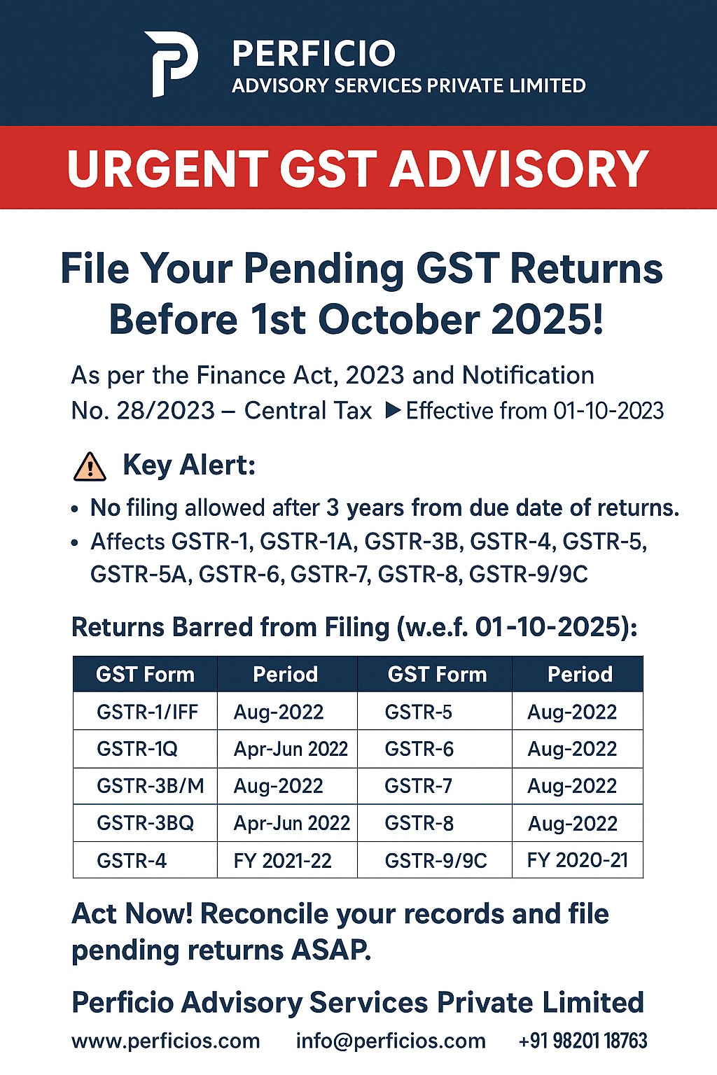 GST Advisory - File your pending GST Returns before 01.10.2025