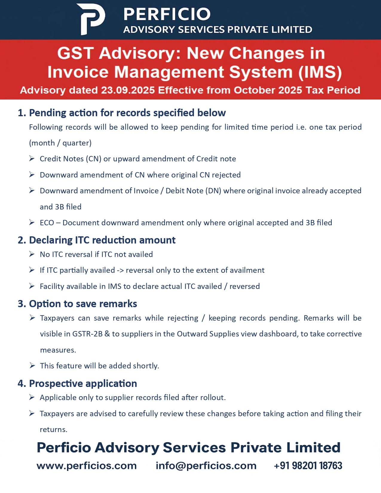 GST Advisory - New Changes in Invoice Management System (IMS) effective from October Tax Period