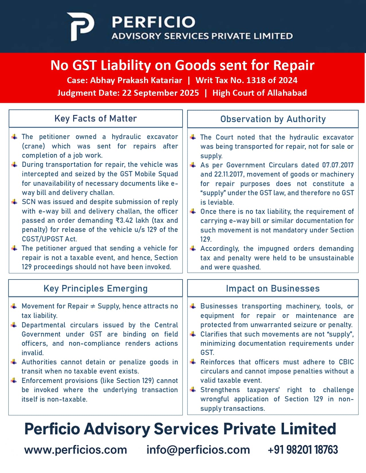 GST High Court Ruling -  No GST Liability on Goods sent for Repair