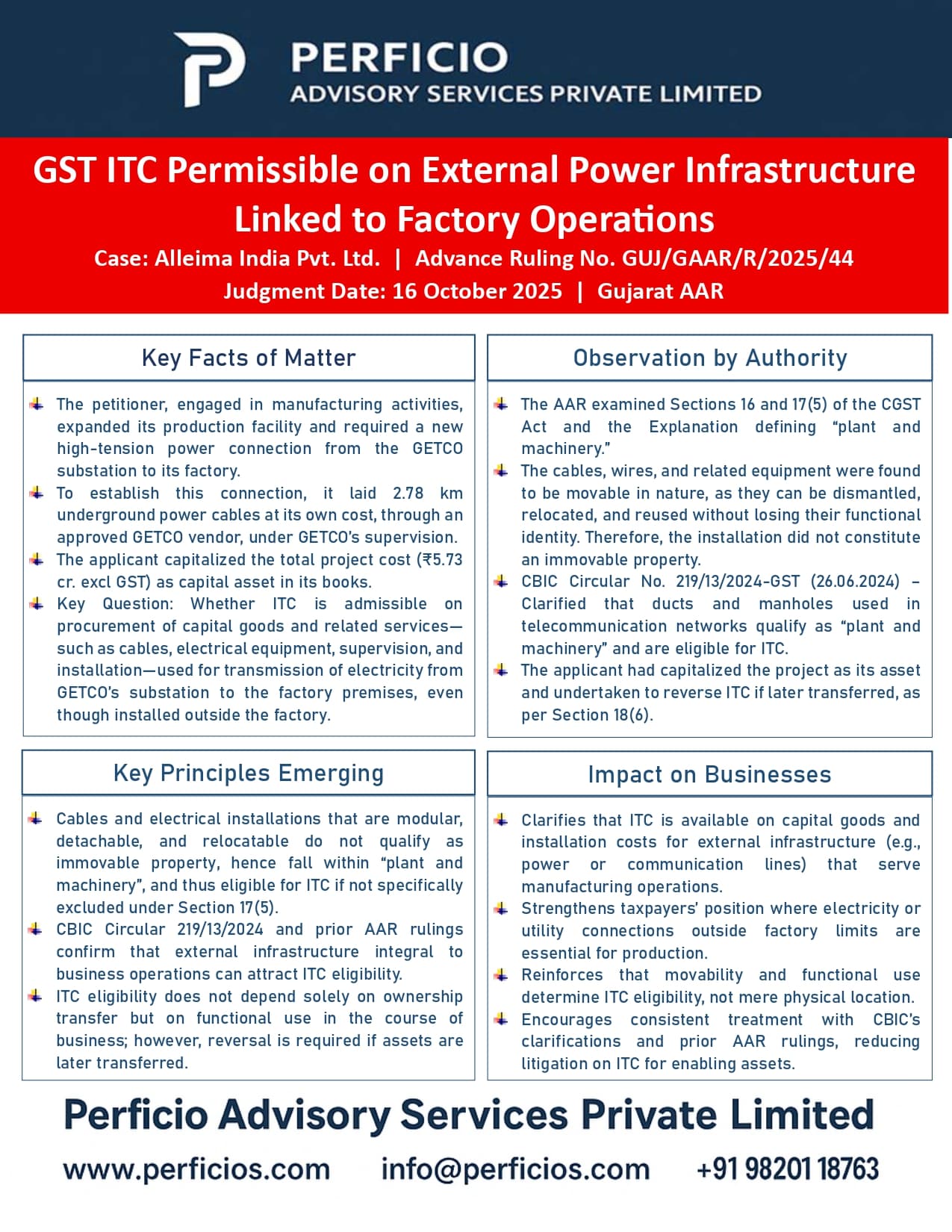 GST AAR Ruling - ITC Permissible on External Power Infrastructure Linked to Factory Operations