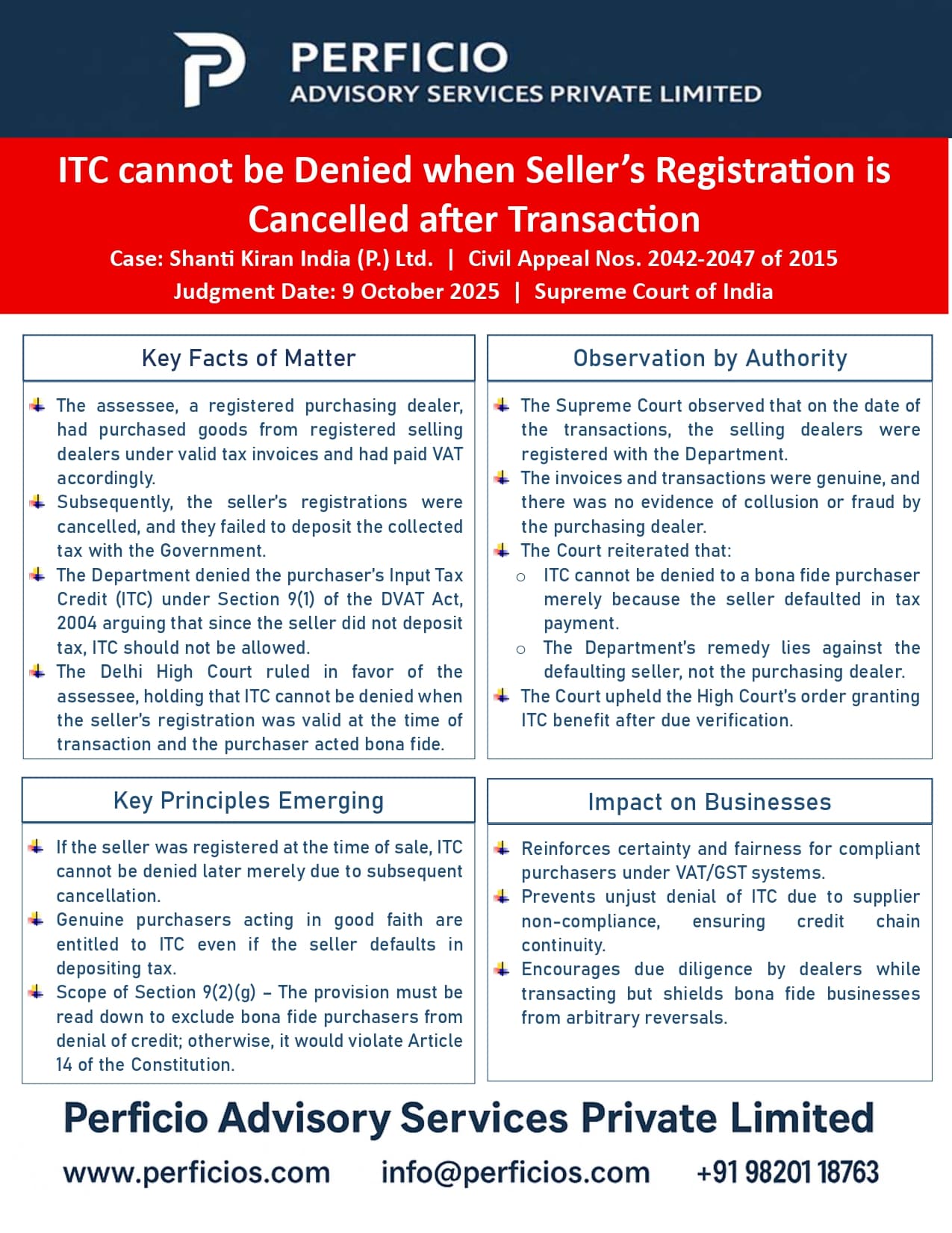GST Supreme Court Ruling - ITC cannot be Denied if Seller's Registration is Cancelled after Transaction 