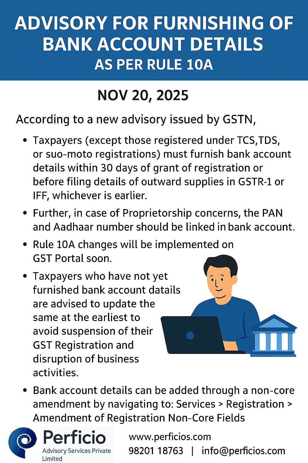 GSTN Advisory - Furnishing of Bank account details as per Rule 10(A) 