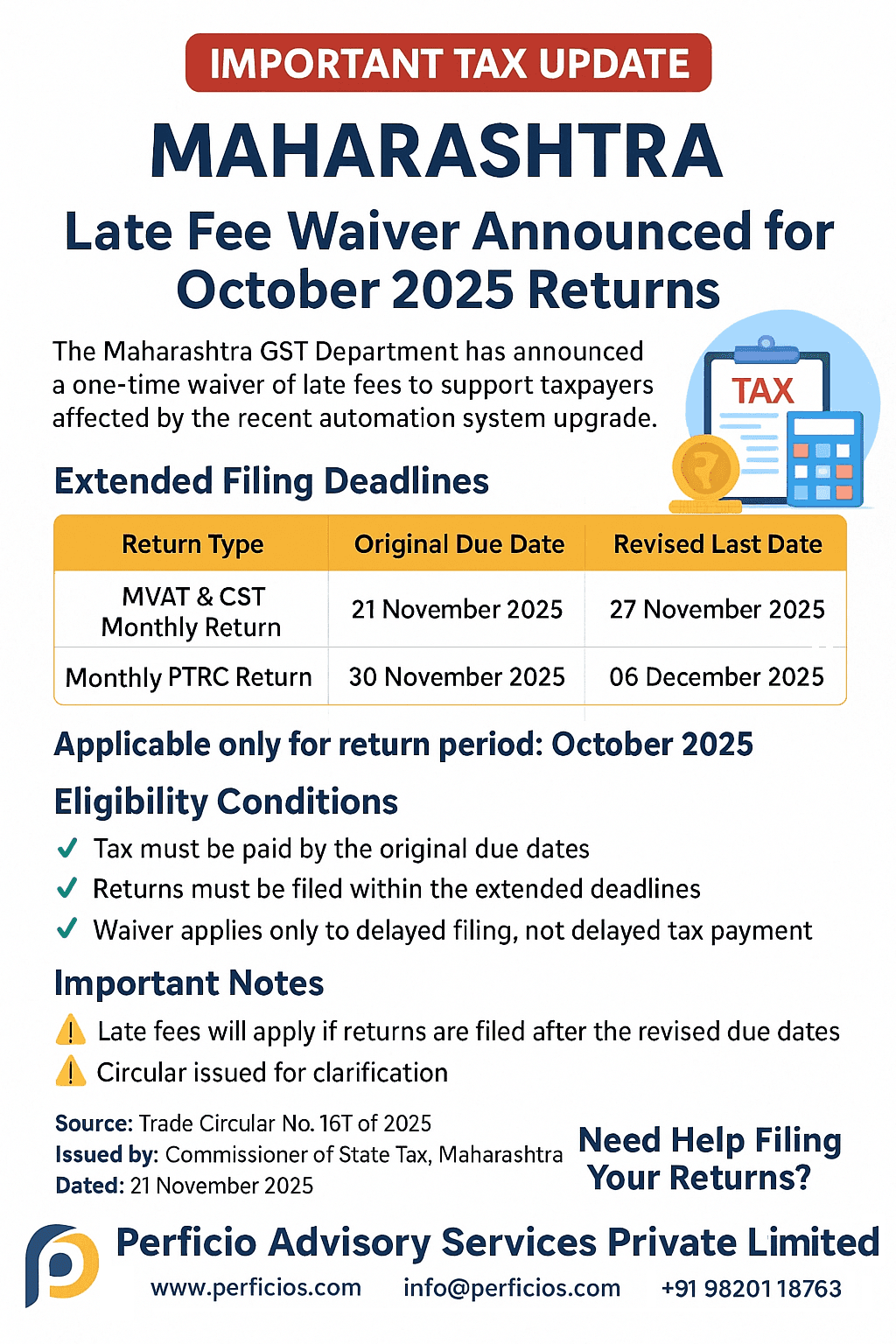 Important Tax Update !!! Maharashtra GST department announces Late fee waiver for MVAT, CST and PTRC returns for the month of October 2025... 