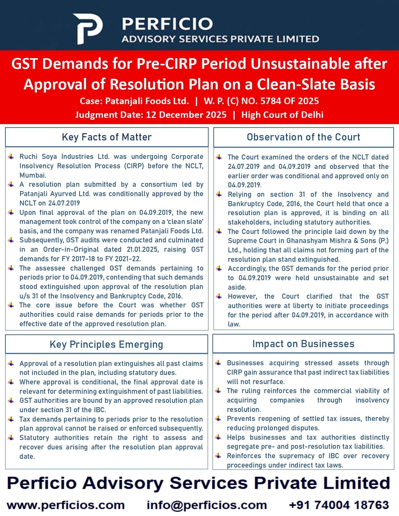 GST High Court Ruling -- Demand for Pre-CIRP period unsustainable after Approval of Resolution plan on a "Clean-Slate Basis" 